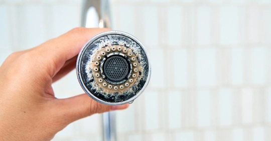 Woman holding a chrome faucet covered with lime scale