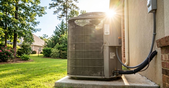 Outdoor central air conditioning unit with sun beaming through