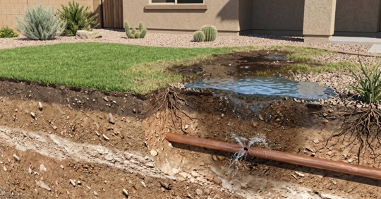 Yard with a leaking water pipe in a trench.