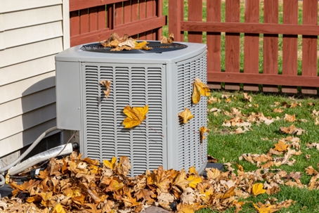 ac unit with fall leaves around it